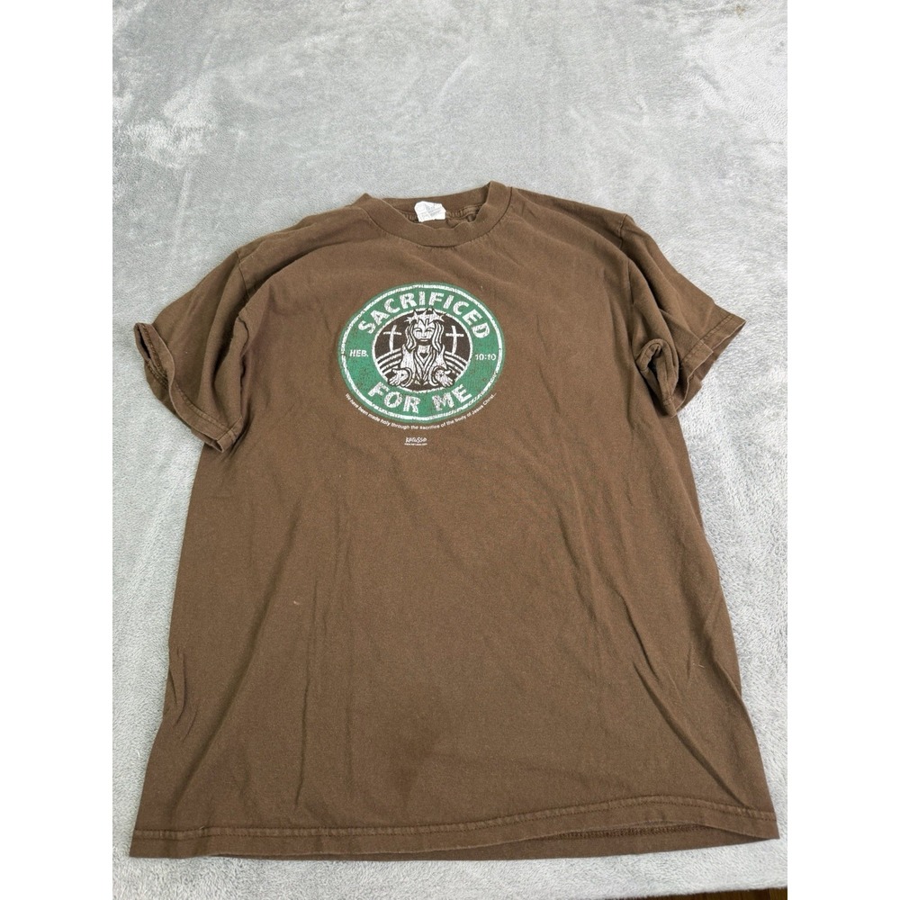 Vintage Y2K Jesus Starbucks Parody T Shirt Men's Size Medium Brown